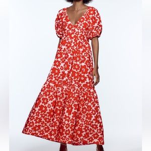 Zara Red and White Floral Maxi Dress